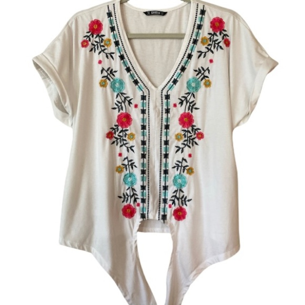 Shein short sleeve floral embroidered top tie front_Size: Large